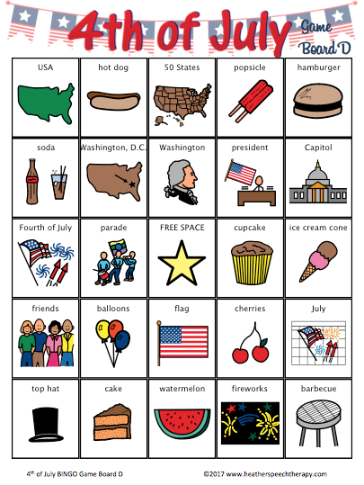 4th of July BINGO for Speech Therapy