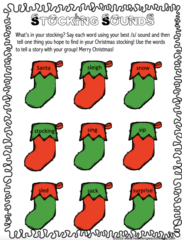 Stocking sounds speech therapy worksheet for Christmas